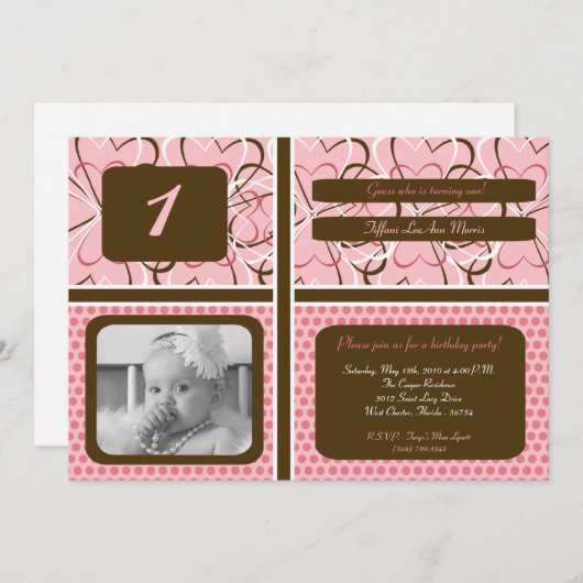 5x7 Heart PolkaDot Photo Invitation à la fête d'an (Devant / Derrière)