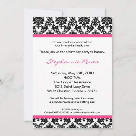 5x7 Hot-Pink Blac Damask Birthday Party Invitation Kaart (Voorkant)