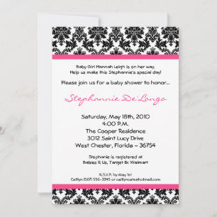 5x7 Hot Pink Black Damask Baby shower Uitnodiging