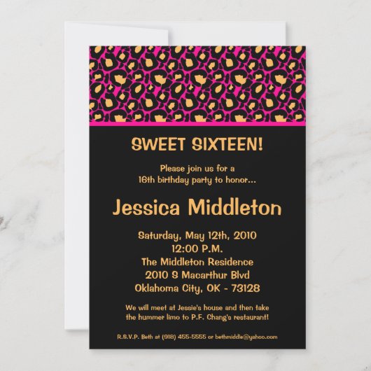 5x7 Hot Pink Cheetah 16e anniversaire Invitation