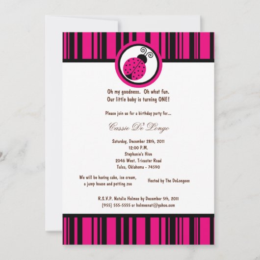5x7 Hot rose Lady Bug Anniversaire Invitation de f (Devant)