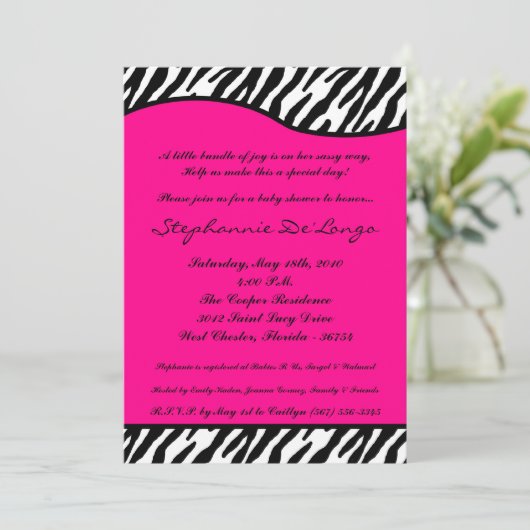 5x7 Hot rose Zebra Imprimer Baby shower Invitation (Debout devant)