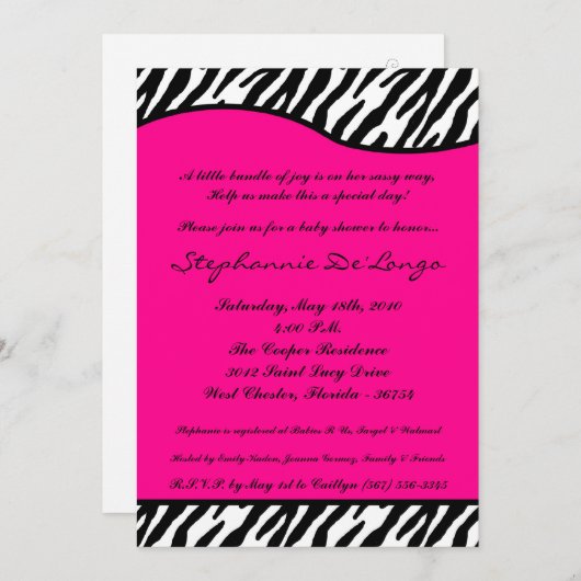 5x7 Hot rose Zebra Imprimer Baby shower Invitation (Devant / Derrière)