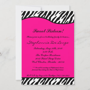 5x7 Hot rose Zebra Sweet16 Invitation de fête d'an