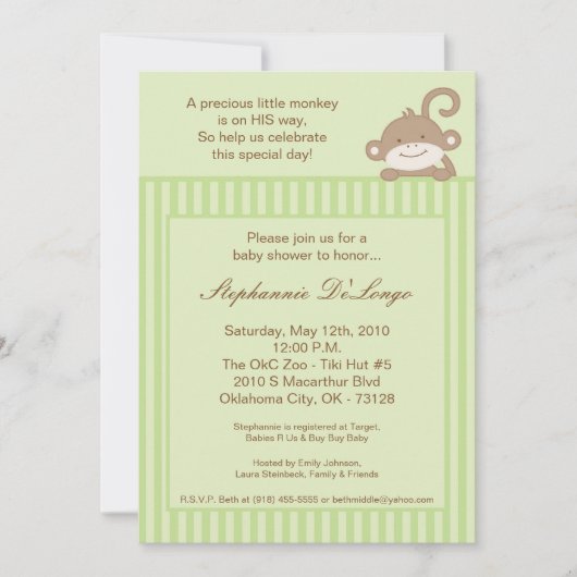 5x7 Invitation au Baby shower de singe vert neutre (Devant)