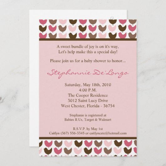 5x7 Invitation au Baby shower d'oiseaux rose et Br (Devant / Derrière)