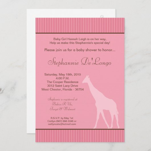 5x7 Invitation Baby shower de girafe rayée rose (Devant / Derrière)