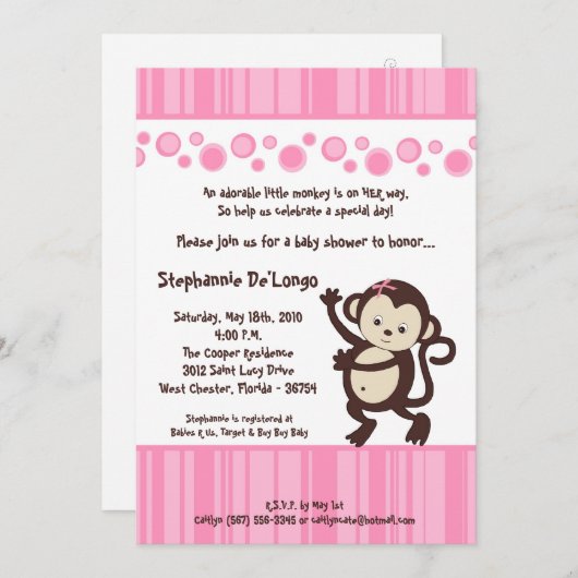 5x7 Invitation Baby shower de singe rose pop fémin (Devant / Derrière)