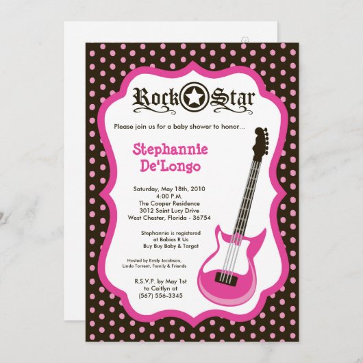 5x7 Invitation Baby shower Guitare Roche Rose Girl (Devant / Derrière)