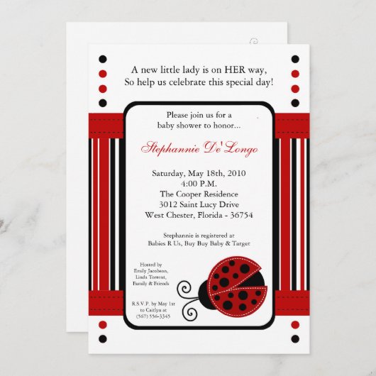 5x7 Invitation Baby shower moderne Mod Red LadyBug (Devant / Derrière)