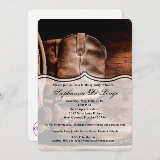 5x7 Invitation d'anniversaire Bottes de cowboy Bar (Devant / Derrière)