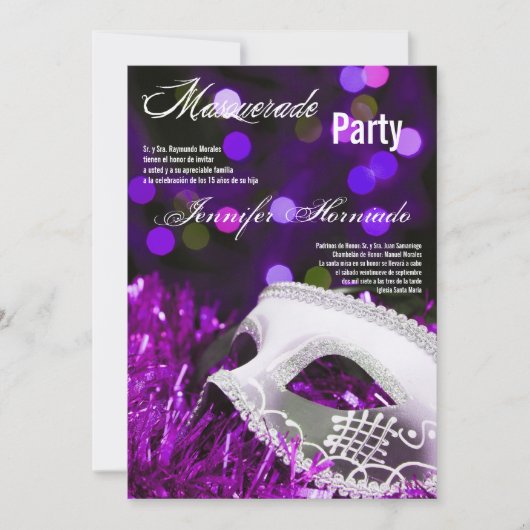 5x7 Invitation d'anniversaire Masquerade Quinceane (Devant)