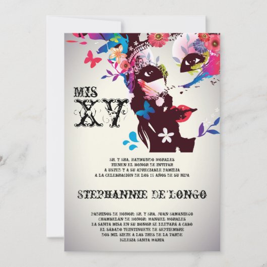 5x7 Invitation d'anniversaire Masquerade Quinceane (Devant)