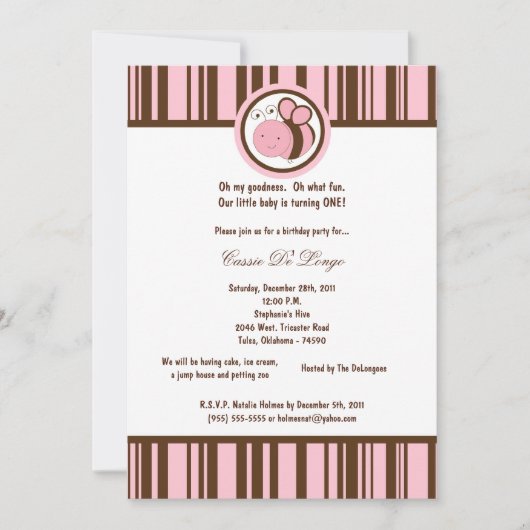 5x7 Invitation de fête d'anniversaire de l'abeille (Devant)