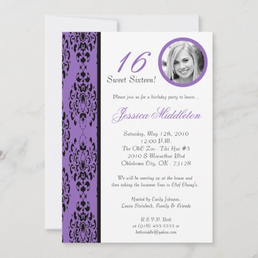 5x7 invitation pourpre de fête d'anniversaire de (Devant)