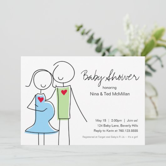 5x7 Invitations de douches Bleu et Vert pour bébés (Debout devant)