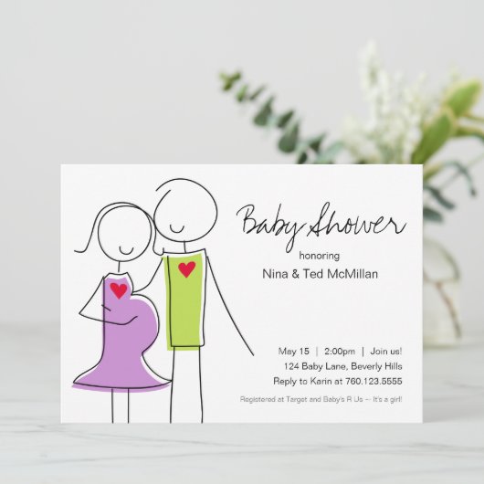5x7 Invitations de douches pour bébés à code mauve (Debout devant)