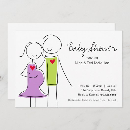 5x7 Invitations de douches pour bébés à code mauve (Devant / Derrière)