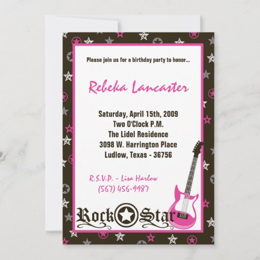 5x7 Invite - Girl Rock Star Birthday Invitation Kaart (Voorkant)