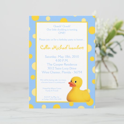 5x7 Jaune Blu Rubber Ducky Invitation Anniversaire (Debout devant)