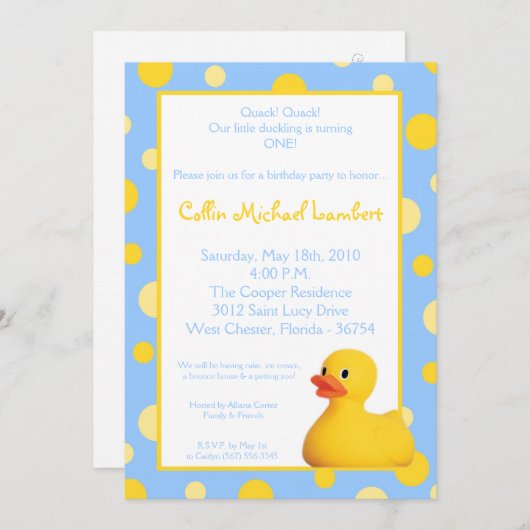 5x7 Jaune Blu Rubber Ducky Invitation Anniversaire (Devant / Derrière)