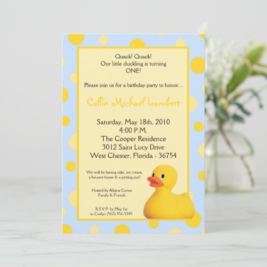 5x7 Jaune Blu Rubber Ducky Invitation Anniversaire (Debout devant)