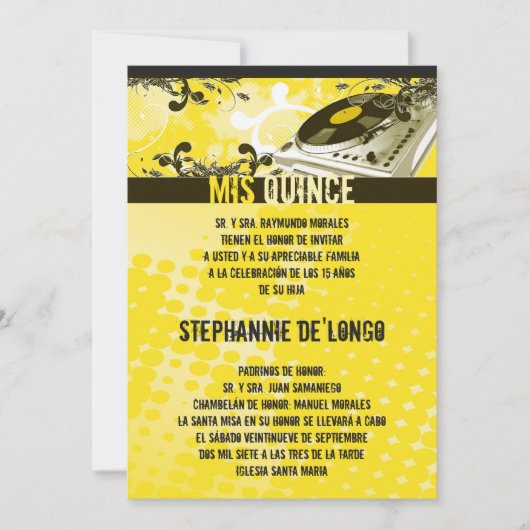 5x7 Jaune DJ Tourne-disque Quinceanera Invitation (Devant)
