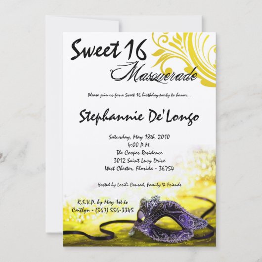 5x7 Jaune Masquerade Sweet 16 Invitation Anniversa (Devant)