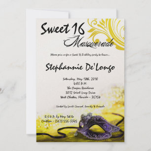5x7 Jaune Masquerade Sweet 16 Invitation Anniversa