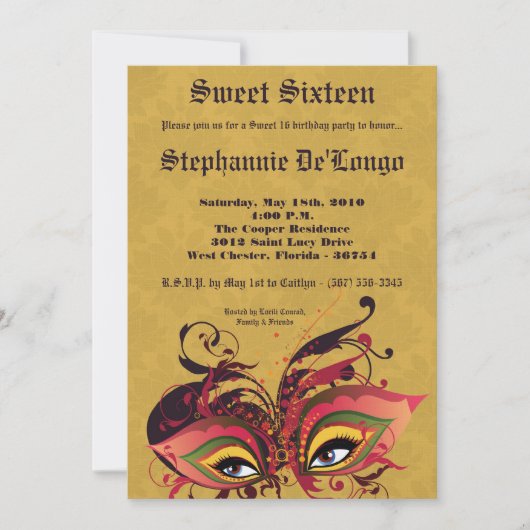5x7 Jaune Masquerade Sweet 16 Invitation Anniversa (Devant)