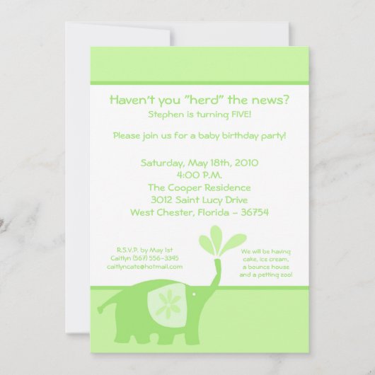 5x7 Joli éléphant vert Invitation de fête d'annive (Devant)