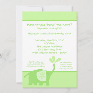 5x7 Joli éléphant vert Invitation de fête d'annive