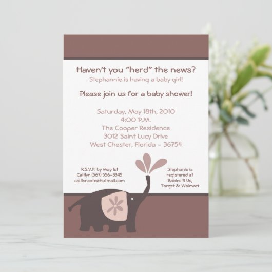 5x7 Jote Purple Elephant Baby shower Invitation (Debout devant)