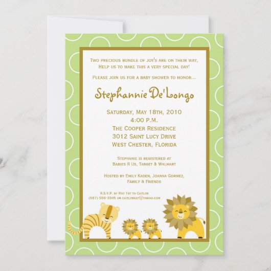 5x7 Jungle Lion Boy TWINS Baby shower Invitation (Devant)