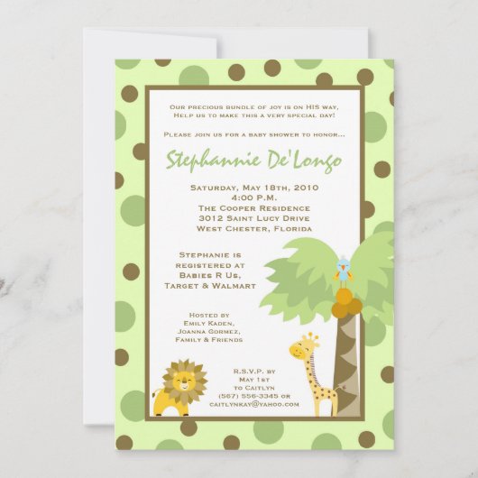 5x7 Jungle Safari Invitation Baby shower animal (Devant)