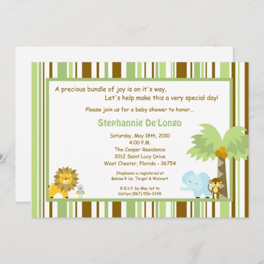 5x7 Jungle Safari Zoo Anima Invitation Baby shower (Devant / Derrière)