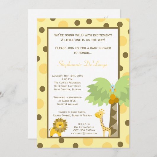 5x7 Jungle Safari Zoo Anima Invitation Baby shower (Devant / Derrière)