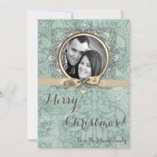 5x7 Kerstmis XMAS Winter Blauw Damask FOTOKAART Feestdagenkaart