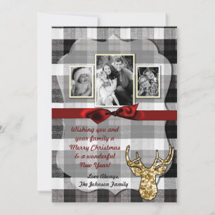 5x7 Kerstmis XMAS Zwart Plaid Herten FOTOkaart Feestdagenkaart