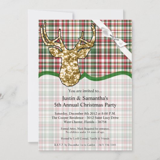 5x7 Kerstuitnodiging Gouden Glitter Rendier Pla Kaart (Voorkant)