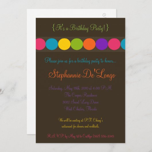 5x7 Kleurrijke Polka Dot Verjaardag Party Uitnodig Kaart (Voorkant / Achterkant)