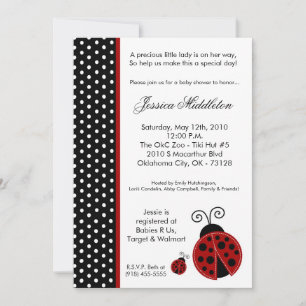 5x7 Lady Bug Black PolkaDot Invitation Baby shower
