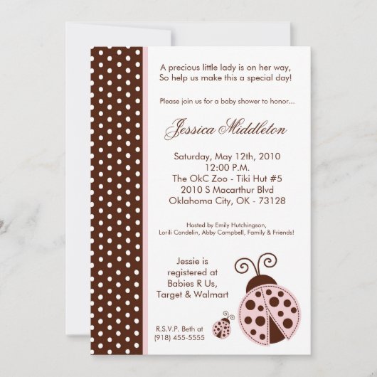5x7 Lady Bug Pink PolkaDot Baby shower Invitation (Devant)