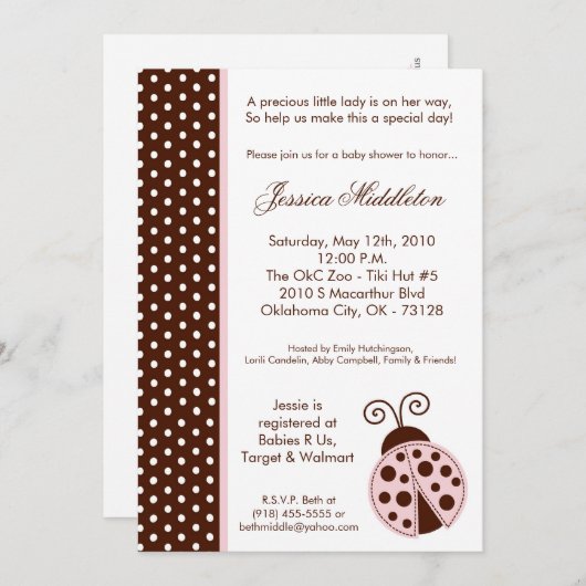 5x7 Lady Bug Pink PolkaDot Invitation Baby shower (Devant / Derrière)