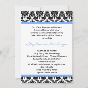 5x7 Lichtblauwe Damask Quinceanera Uitnodiging
