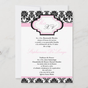 5x7 Lichtroze Damask Quinceanera Uitnodiging