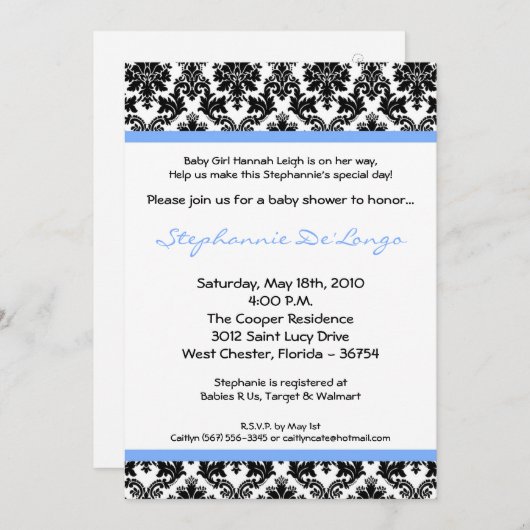 5x7 Light Blue Black Damask Baby shower Invitation Kaart (Voorkant / Achterkant)