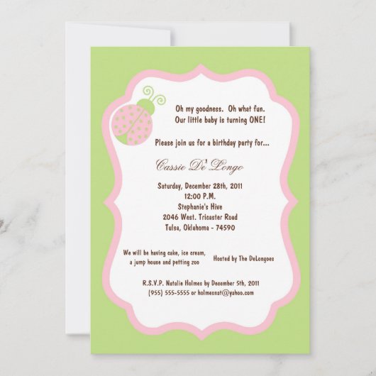 5x7 Light Green Lady Bug Anniversaire Invitation d (Devant)