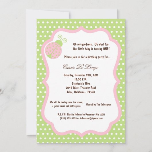 5x7 Light Green Lady Bug Birthday Party nodigt u u Kaart (Voorkant)
