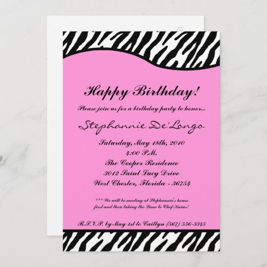 5x7 Light Pink Zebra Anniversaire Invitation (Devant / Derrière)
